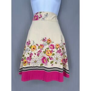 90s Vintage Skirt Womens Medium Yellow Knee Length Floral Stretch Cottage Y2K